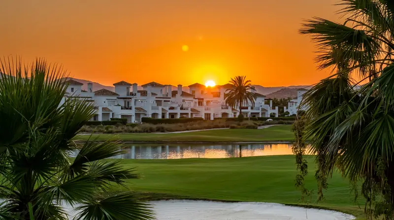 Casa Sylvia and neighbouring townhouses lit gold at sunset over the La Torre golf course