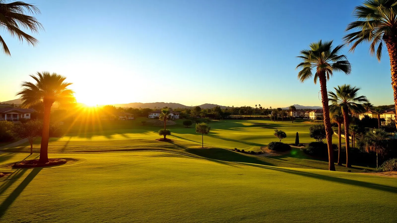 La Serena Golf course at golden hour framed by palms